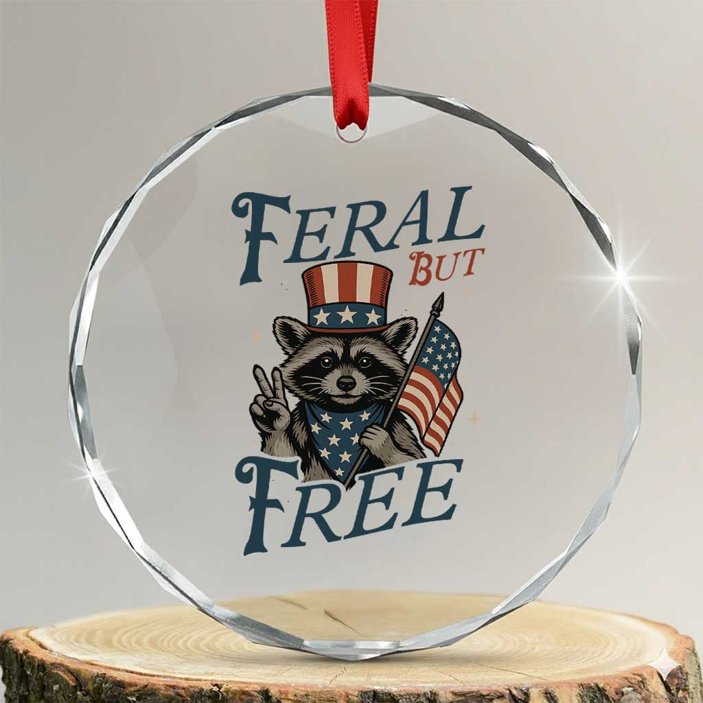 Funny Raccoon Patriotic Crystal Glass Ornament Feral But Free 4th Of July American Flag TS02 Transparent Glass 3'' Circle Print Your Wear