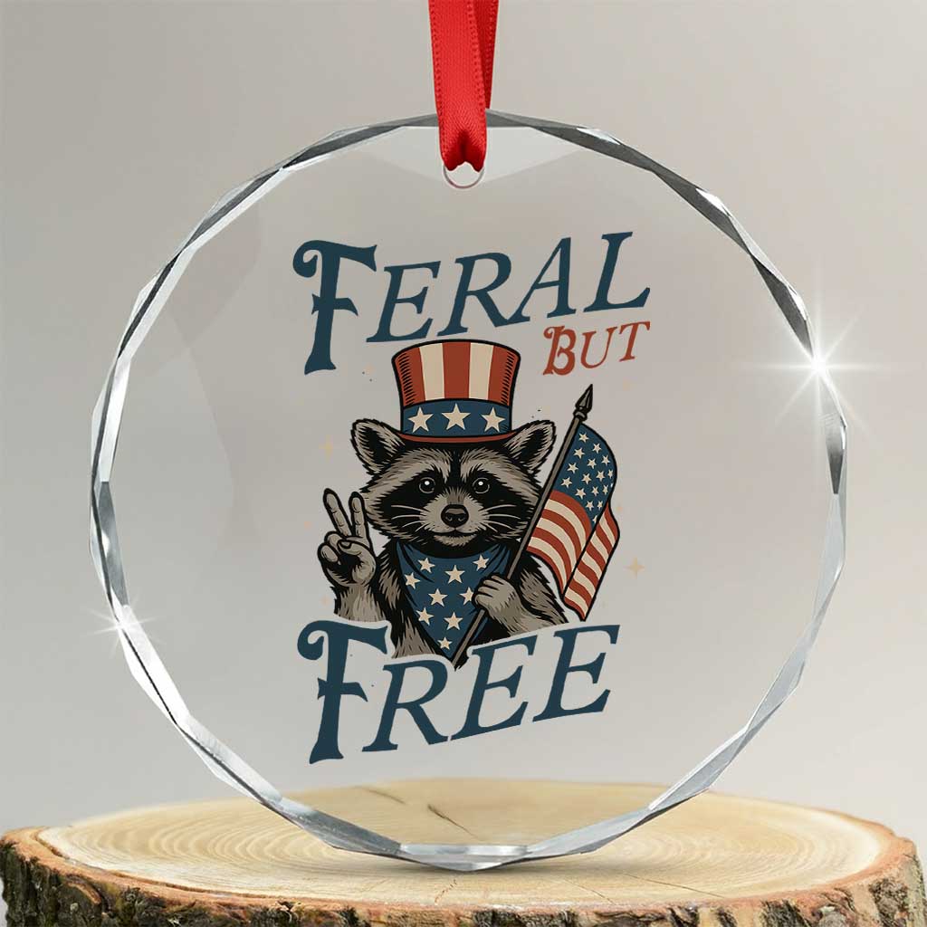 Funny Raccoon Patriotic Crystal Glass Ornament Feral But Free 4th Of July American Flag TS02 Transparent Glass 3'' Circle Print Your Wear