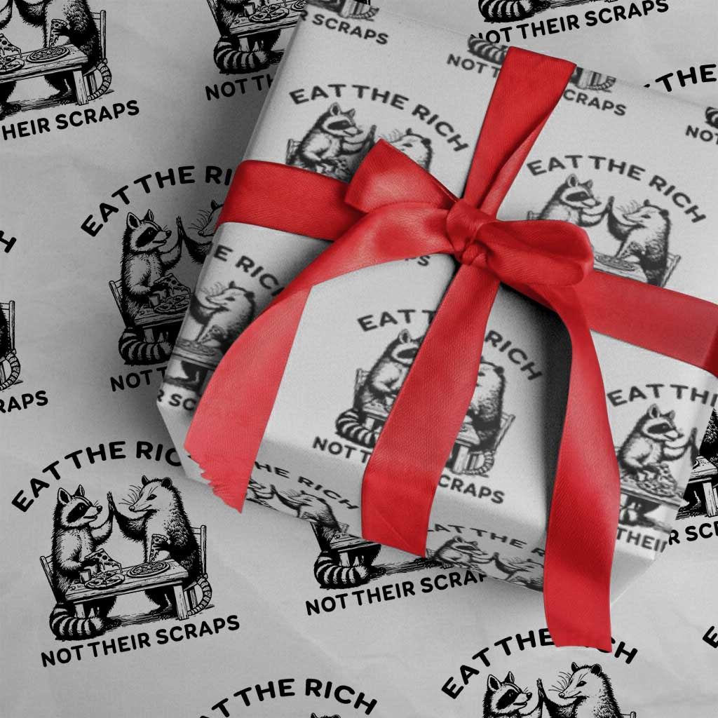 Funny Raccoon Possum Meme Wrapping Paper Roll Eat The Rich Not Their Scraps Sarcasm Retro Minimalist TS02 White Print Your Wear