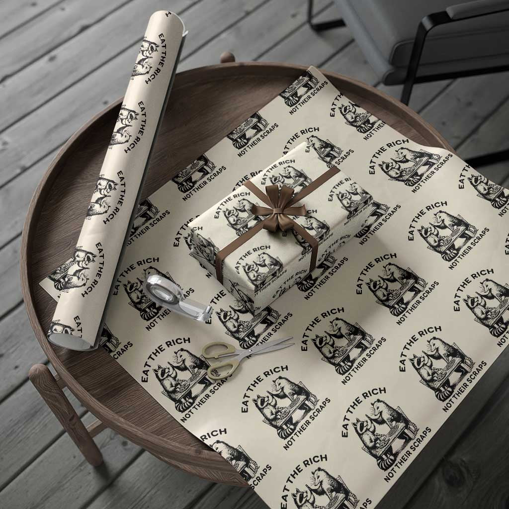 Funny Raccoon Possum Meme Wrapping Paper Roll Eat The Rich Not Their Scraps Sarcasm Retro Minimalist TS02 Beige Print Your Wear