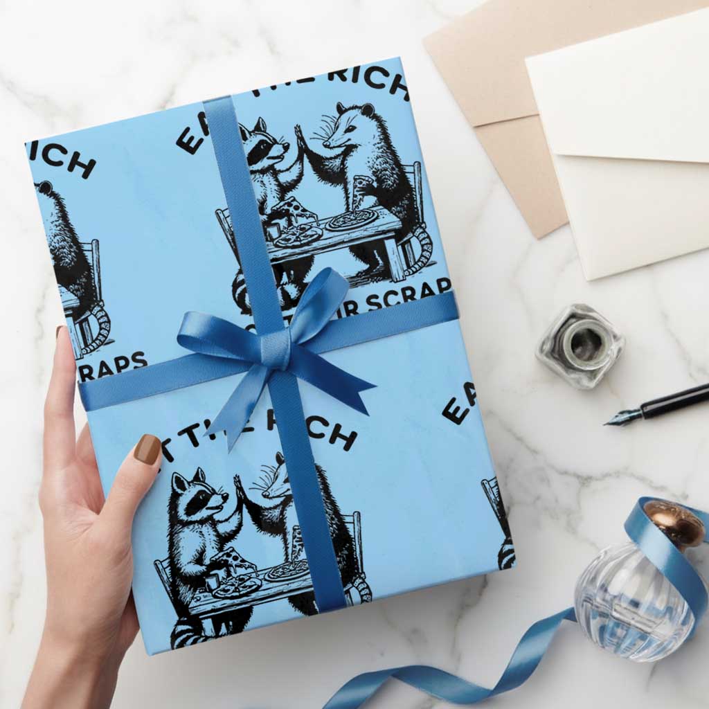 Funny Raccoon Possum Meme Wrapping Paper Roll Eat The Rich Not Their Scraps Sarcasm Retro Minimalist TS02 Light Blue Print Your Wear