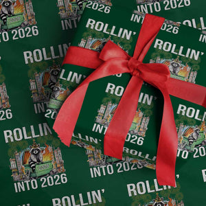 Funny Raccoon Rollin Into 2026 Wrapping Paper Roll Happy New Year Dumpster Fire TS11 Green Print Your Wear