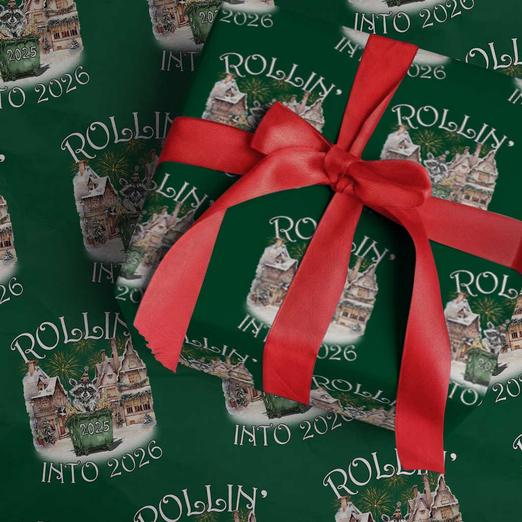 Funny Raccoon Rollin Into 2026 Wrapping Paper Roll New Year Dumpster Fire Firework TS11 Green Print Your Wear