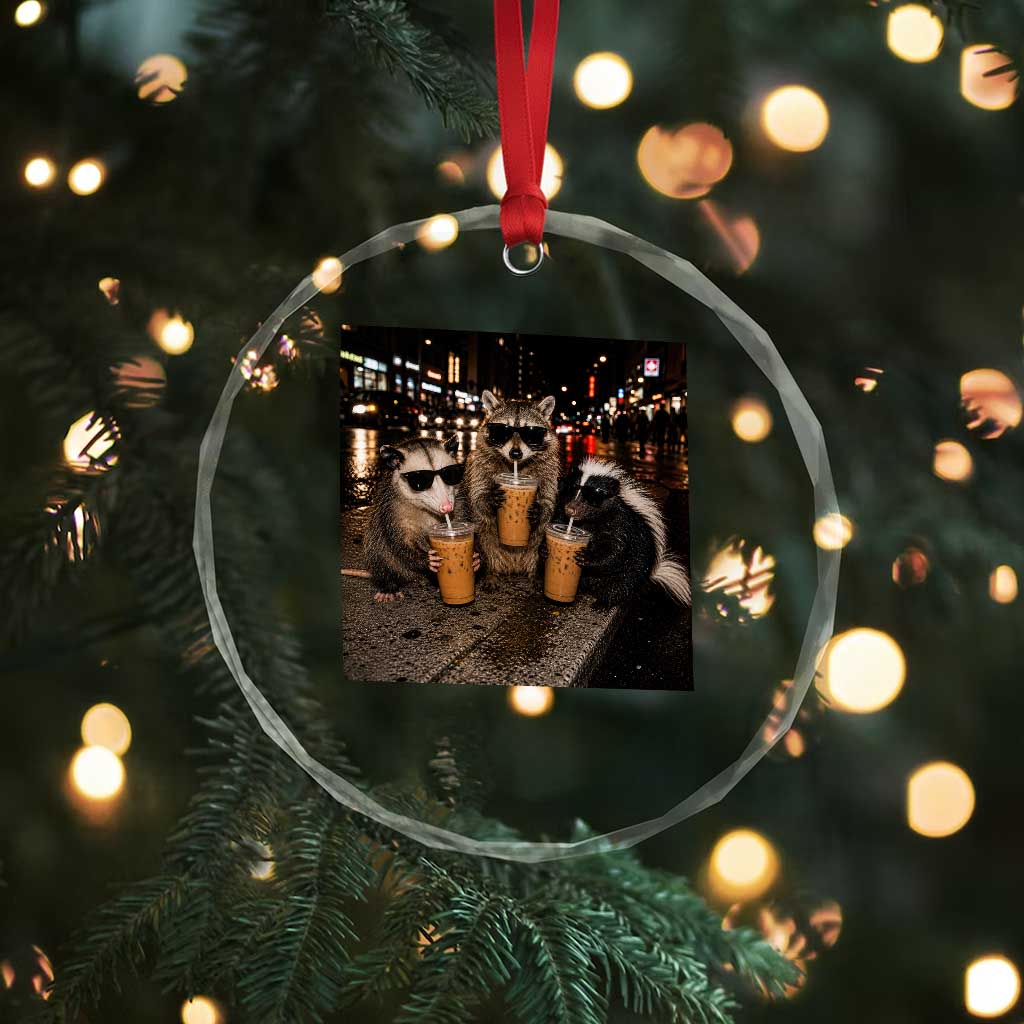 Funny Raccoon Skunk Possum Drinking Iced Coffee Crystal Glass Ornament Support Local Street Cats Retro Animal Meme TS10 Print Your Wear