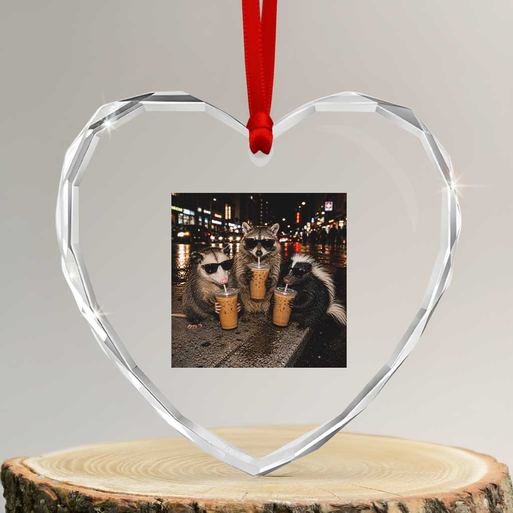 Funny Raccoon Skunk Possum Drinking Iced Coffee Heart Crystal Glass Ornament Support Local Street Cats Retro Animal Meme