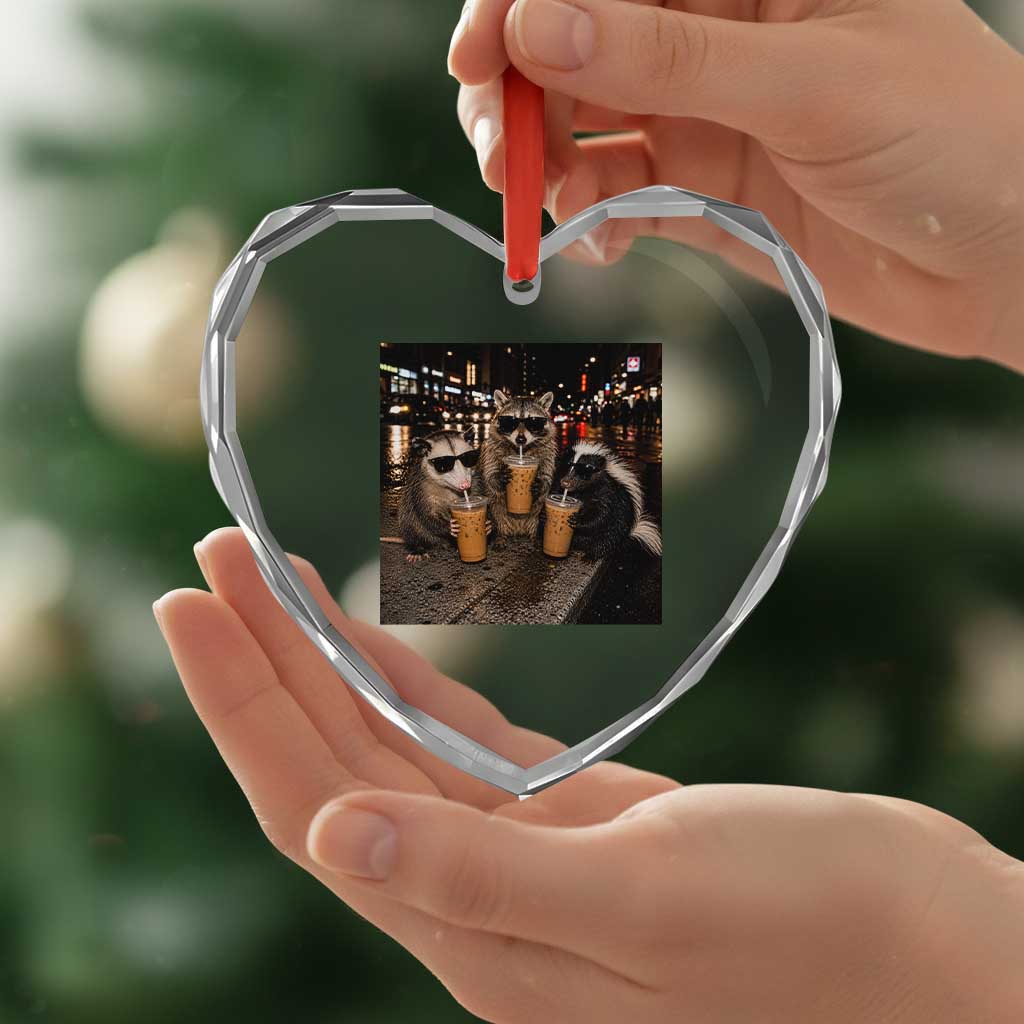 Funny Raccoon Skunk Possum Drinking Iced Coffee Heart Crystal Glass Ornament Support Local Street Cats Retro Animal Meme