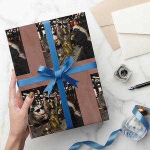 Funny Raccoon Skunk Possum Eating Pickles Wrapping Paper Roll Support Local Street Cats Retro Animal Meme