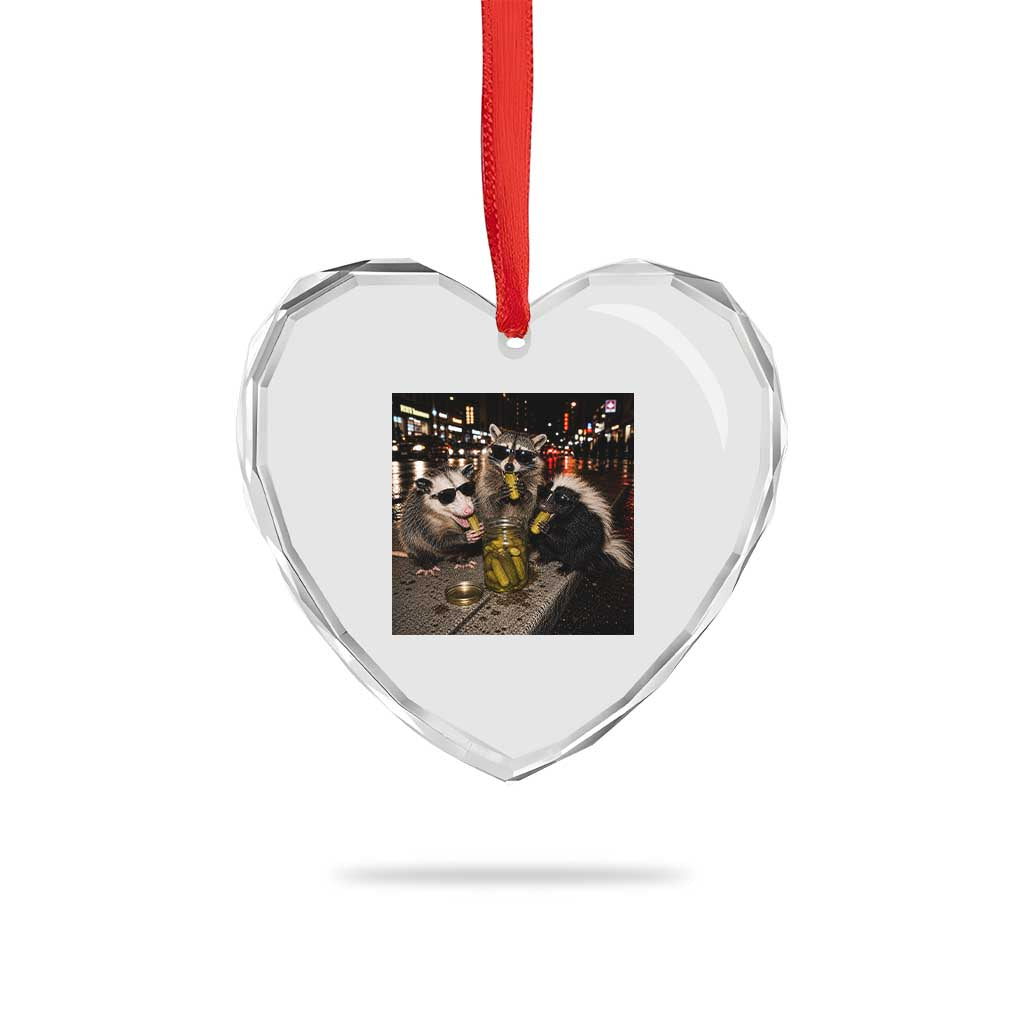 Funny Raccoon Skunk Possum Eating Pickles Heart Crystal Glass Ornament Support Local Street Cats Retro Animal Meme