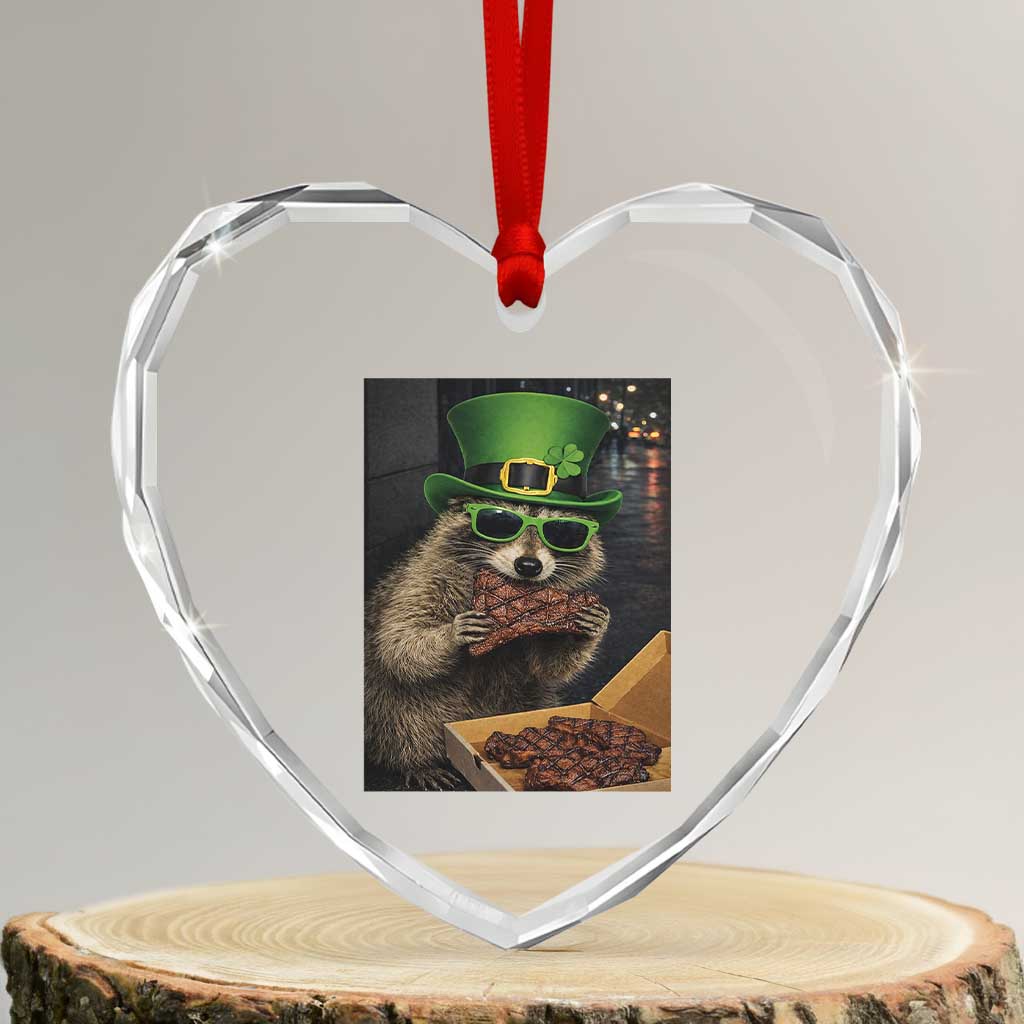 Funny Raccoon St Patrick's Day Heart Crystal Glass Ornament Raccoon Eating Corned Beef Meme TS14 Transparent Glass 3'' Heart Print Your Wear