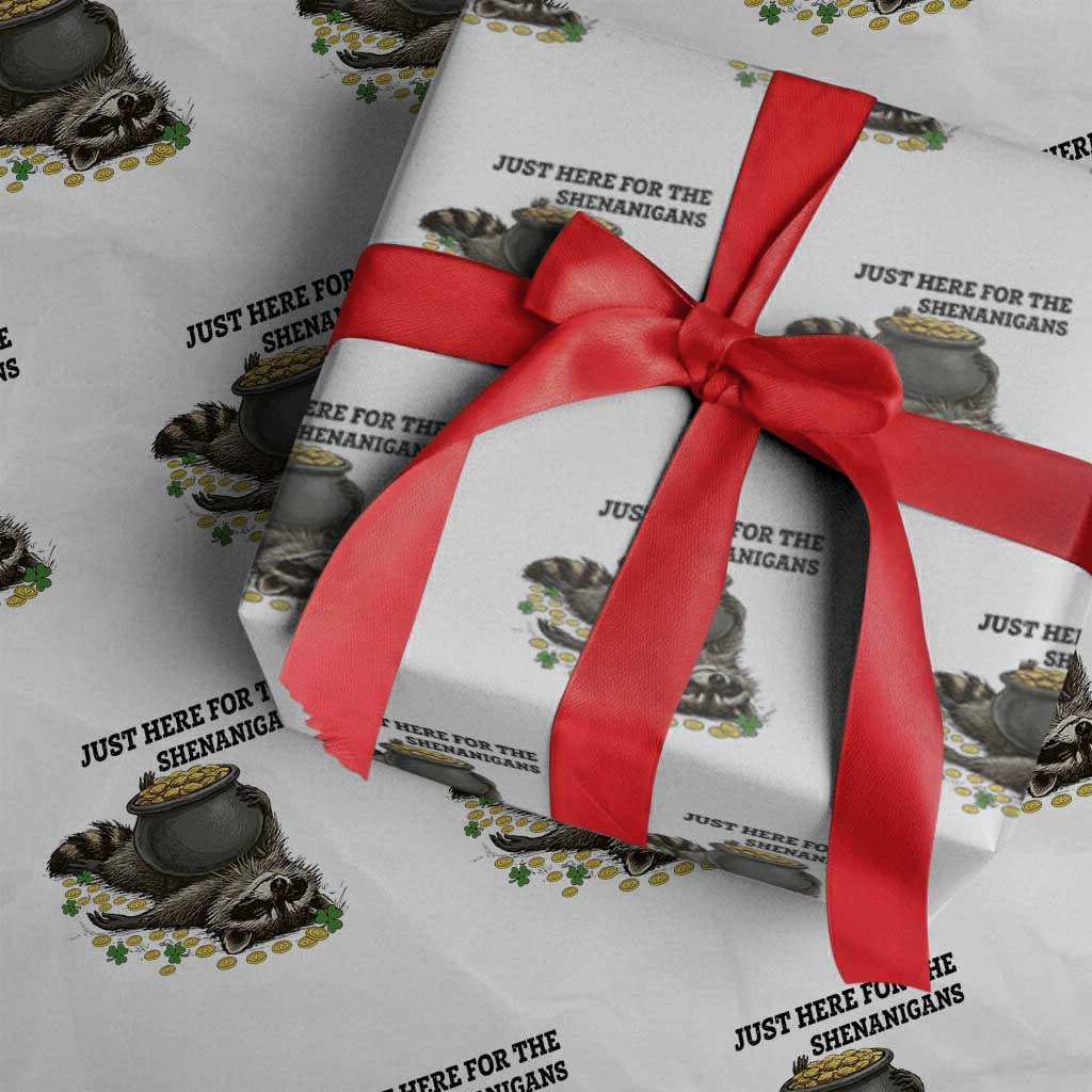 Funny Raccoon St Patricks Day Meme Wrapping Paper Roll Just Here For The Shenanigans TS14 White Print Your Wear