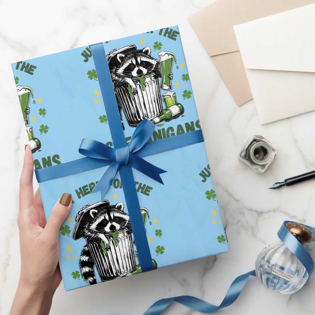 Funny Raccoon St Patricks Day Meme Wrapping Paper Roll Trash Panda Just Here For The Shenanigans TS14 Light Blue Print Your Wear