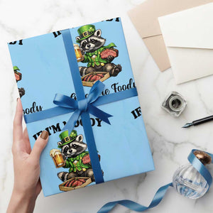 Funny Raccoon St Patricks Day Wrapping Paper Roll If I'm Moody Give Me Foody TS14 Light Blue Print Your Wear