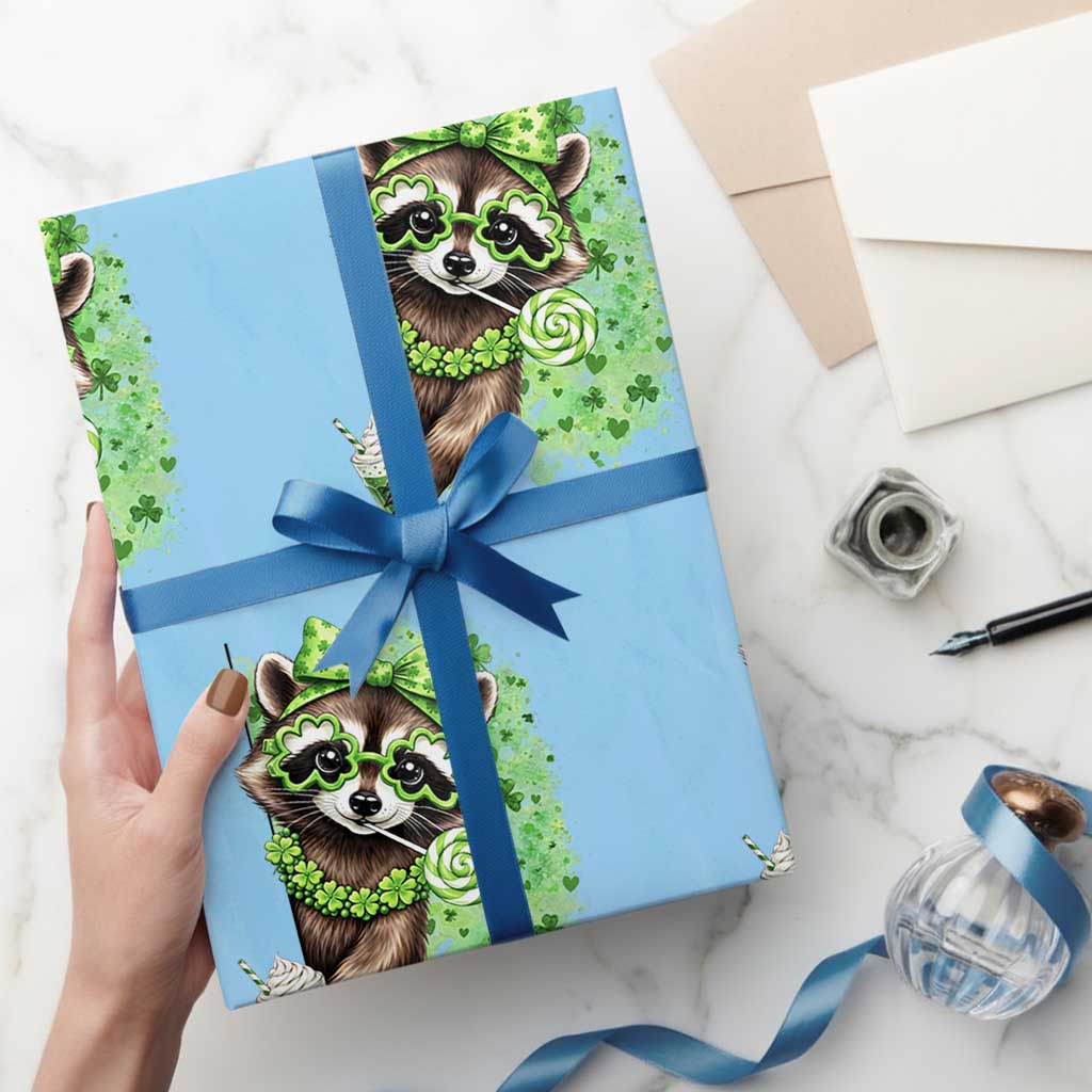 Funny Raccoon St Patricks Day Wrapping Paper Roll Irish Party Animal Gift TS12 Light Blue Print Your Wear