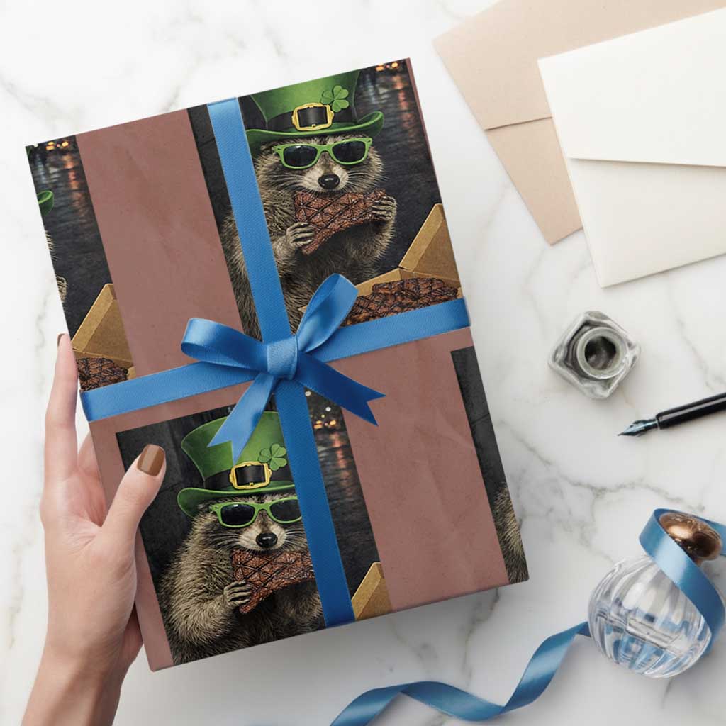 Funny Raccoon St Patrick's Day Wrapping Paper Roll Raccoon Eating Corned Beef Meme TS14 Mocha Print Your Wear