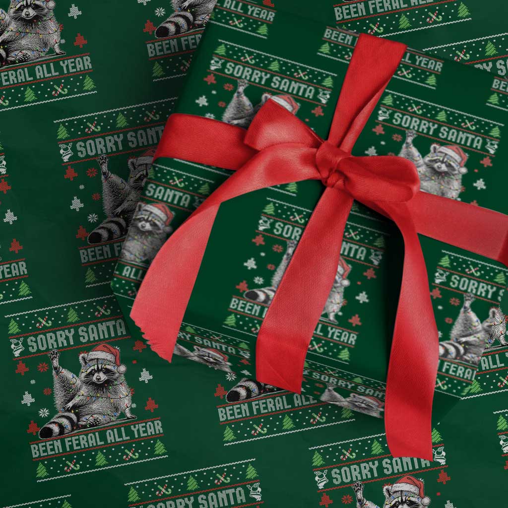 Funny Raccoon Ugly Christmas Wrapping Paper Roll Cute Trash Panda Sorry Santa Been Feral All Year TS10 Green Print Your Wear