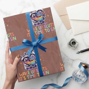 Funny Racoon Pride Wrapping Paper Roll Wake Up Sluts It Is Time To Sin LGBTQ Rainbow Flag TS10 Mocha Print Your Wear