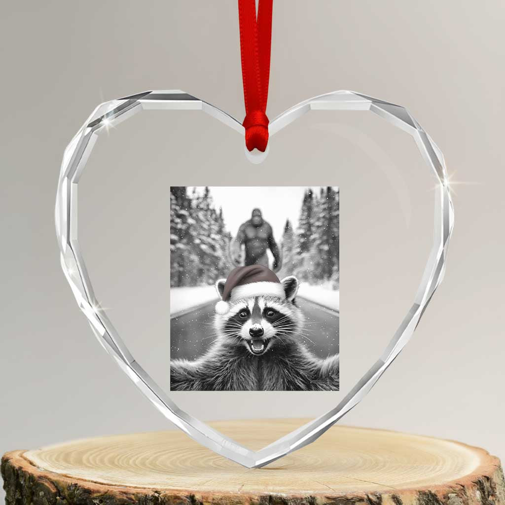 Funny Racoon With Bigfoot Selfie Christmas Heart Crystal Glass Ornament TS14 Transparent Glass 3'' Heart Print Your Wear