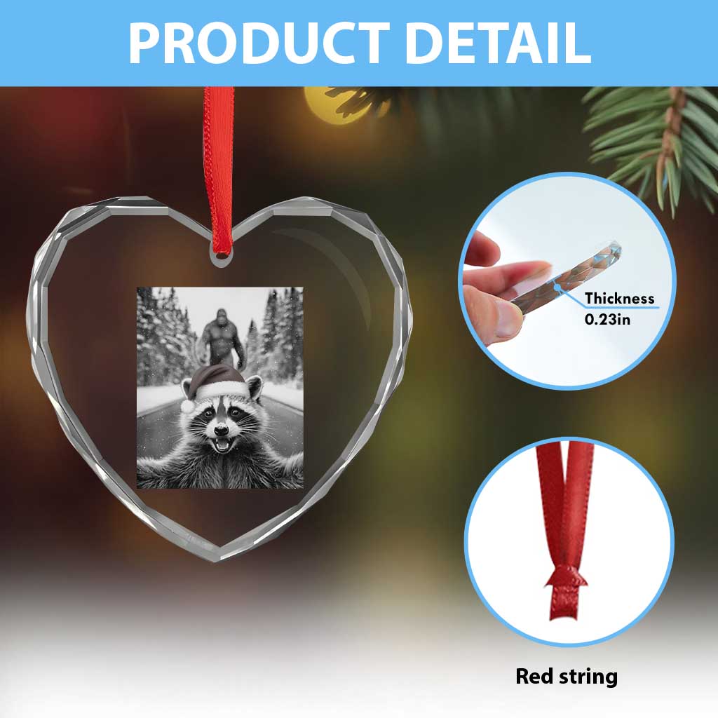 Funny Racoon With Bigfoot Selfie Christmas Heart Crystal Glass Ornament TS14 Print Your Wear