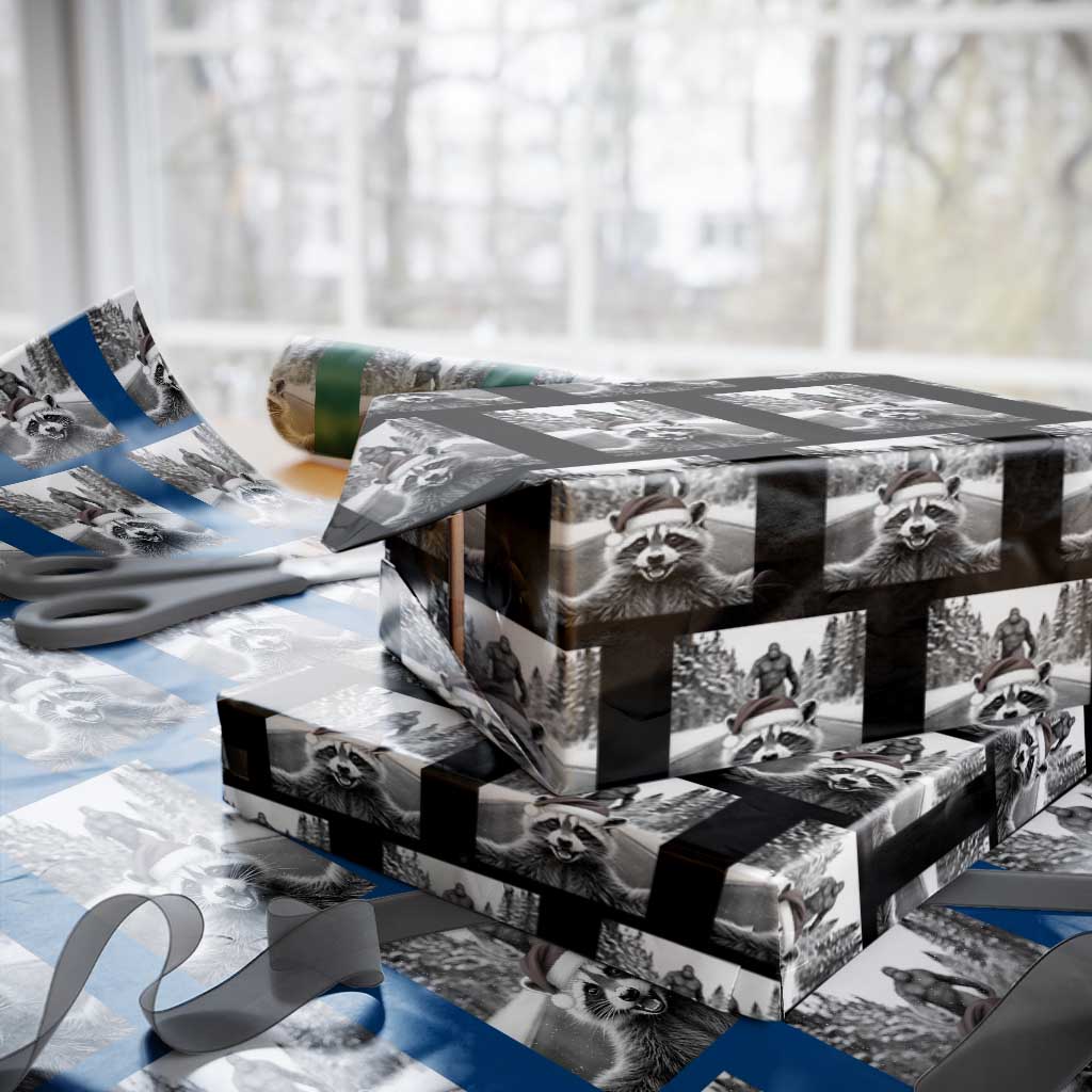 Funny Racoon With Bigfoot Selfie Christmas Wrapping Paper Roll TS14 Black Print Your Wear