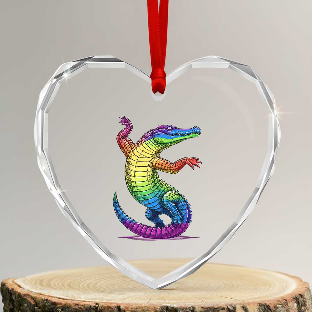 Funny Rainbow Gator LGBTQ Pride Support Heart Crystal Glass Ornament