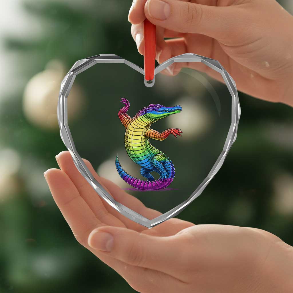 Funny Rainbow Gator LGBTQ Pride Support Heart Crystal Glass Ornament