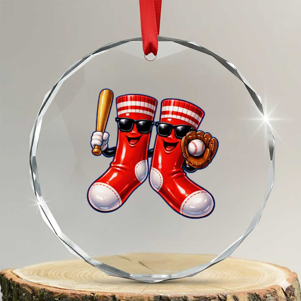 Funny Red Socks Playing Baseball Graphic Sport Game Day Crystal Glass Ornament TS11 Transparent Glass 3'' Circle Print Your Wear