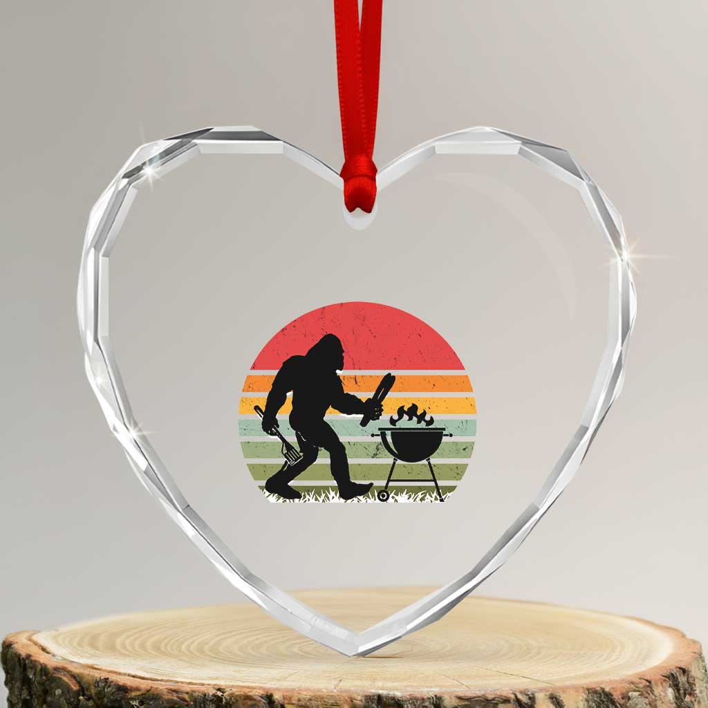 Funny Retro Bigfoot Grilling BBQ Chef Heart Crystal Glass Ornament - Print Your Wear