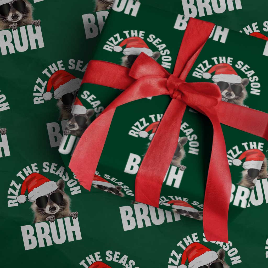 Funny Rizz Xmas Raccoon Wrapping Paper Roll Rizz The Season Bruh Santa Hat TS02 Green Print Your Wear