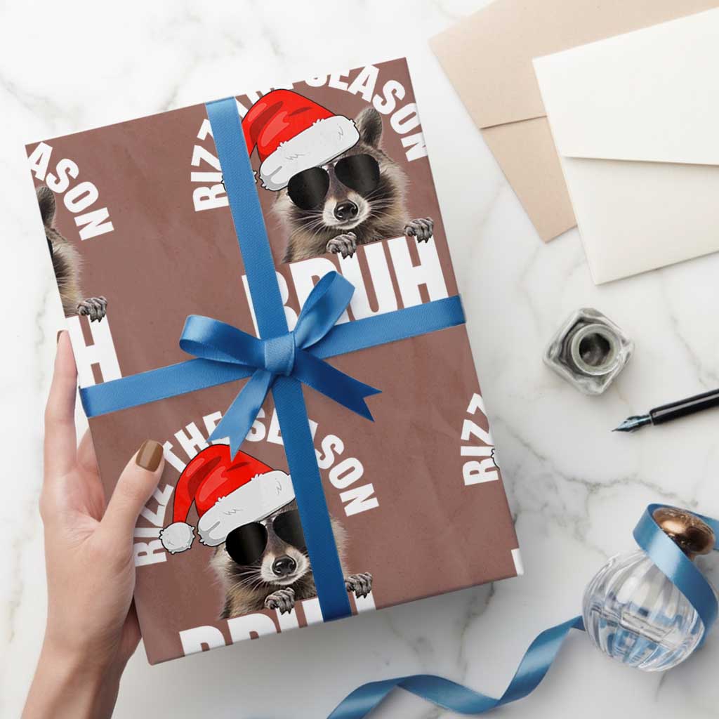 Funny Rizz Xmas Raccoon Wrapping Paper Roll Rizz The Season Bruh Santa Hat TS02 Mocha Print Your Wear