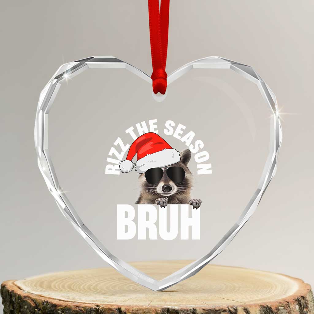 Funny Rizz Xmas Raccoon Heart Crystal Glass Ornament Rizz The Season Bruh Santa Hat TS02 Transparent Glass 3'' Heart Print Your Wear