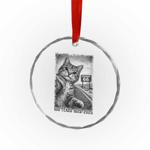 Funny Road Trip Cat Selfie with Highway 66 Crystal Glass Ornament Centennial 1926-2026 Historic Highway Humor TS02 Print Your Wear