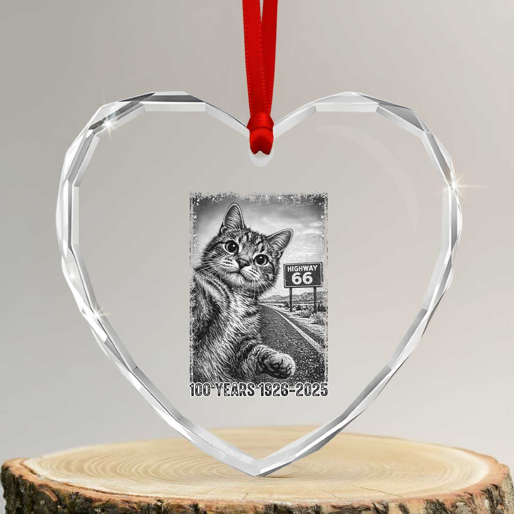 Funny Road Trip Cat Selfie with Highway 66 Heart Crystal Glass Ornament Centennial 1926-2026 Historic Highway Humor TS02 Transparent Glass 3'' Heart Print Your Wear