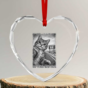 Funny Road Trip Cat Selfie with Highway 66 Heart Crystal Glass Ornament Centennial 1926-2026 Historic Highway Humor TS02 Transparent Glass 3'' Heart Print Your Wear