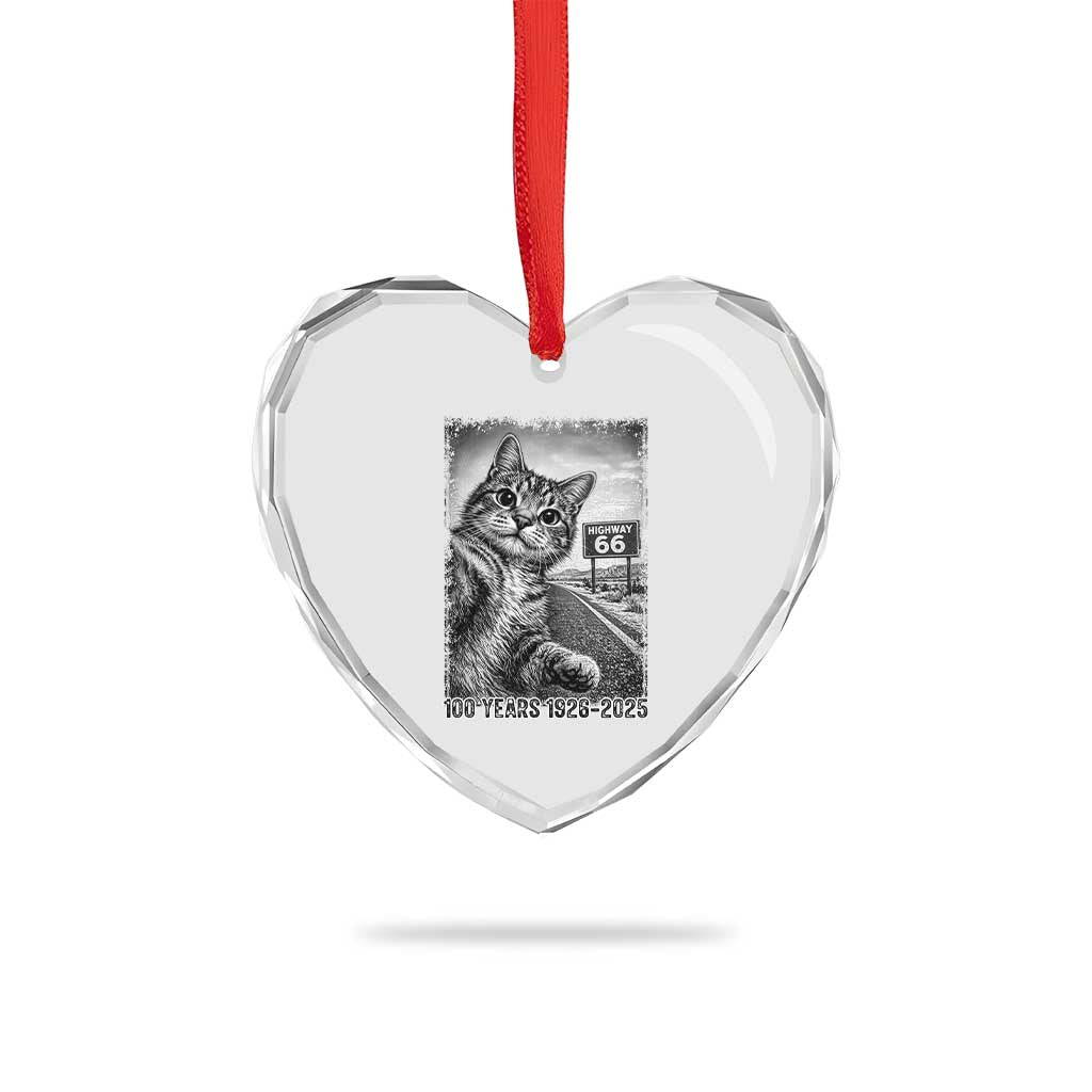 Funny Road Trip Cat Selfie with Highway 66 Heart Crystal Glass Ornament Centennial 1926-2026 Historic Highway Humor TS02 Print Your Wear