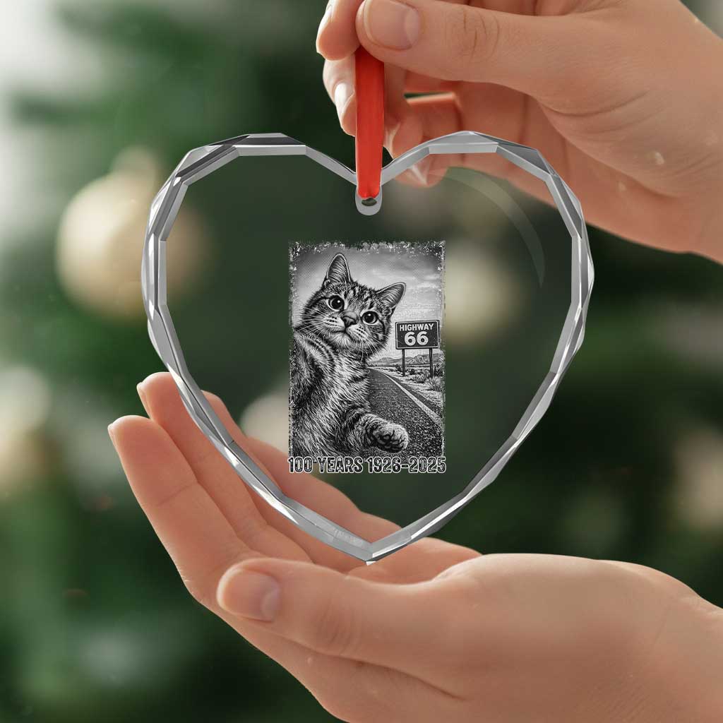 Funny Road Trip Cat Selfie with Highway 66 Heart Crystal Glass Ornament Centennial 1926-2026 Historic Highway Humor TS02 Print Your Wear