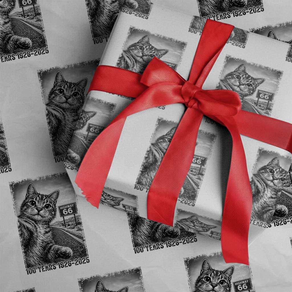 Funny Road Trip Cat Selfie with Highway 66 Wrapping Paper Roll Centennial 1926-2026 Historic Highway Humor TS02 White Print Your Wear
