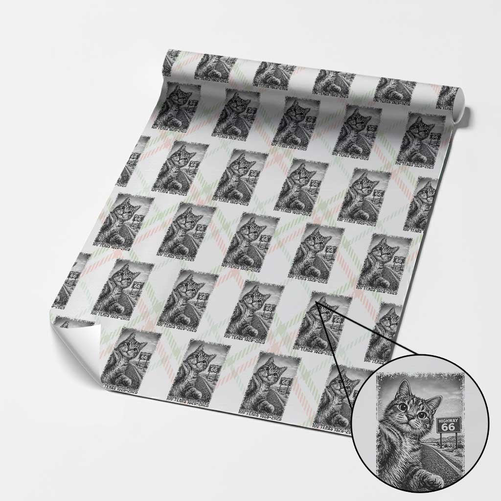 Funny Road Trip Cat Selfie with Highway 66 Wrapping Paper Roll Centennial 1926-2026 Historic Highway Humor TS02 Christmas Plaid Print Your Wear