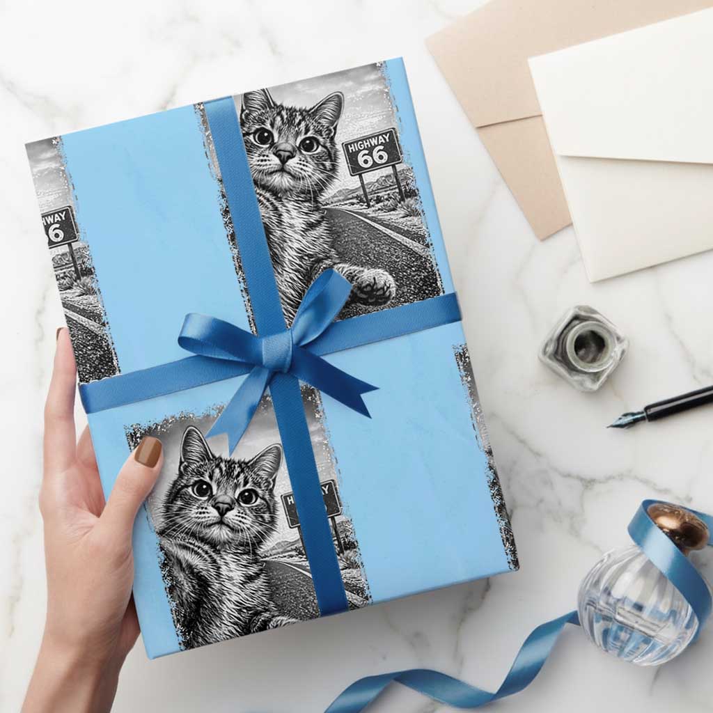 Funny Road Trip Cat Selfie with Highway 66 Wrapping Paper Roll Centennial 1926-2026 Historic Highway Humor TS02 Light Blue Print Your Wear