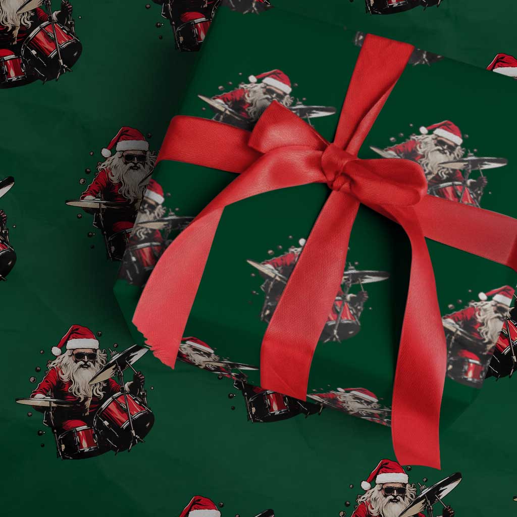 Funny Rock'n Roll Santa Claus Wrapping Paper Roll Cool Drummer Festive Christmas TS02 Green Print Your Wear
