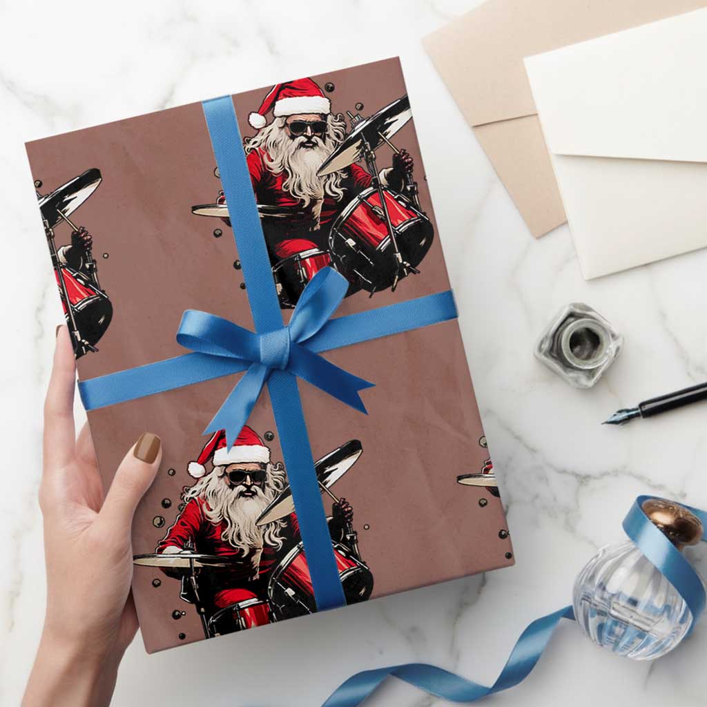 Funny Rock'n Roll Santa Claus Wrapping Paper Roll Cool Drummer Festive Christmas TS02 Mocha Print Your Wear