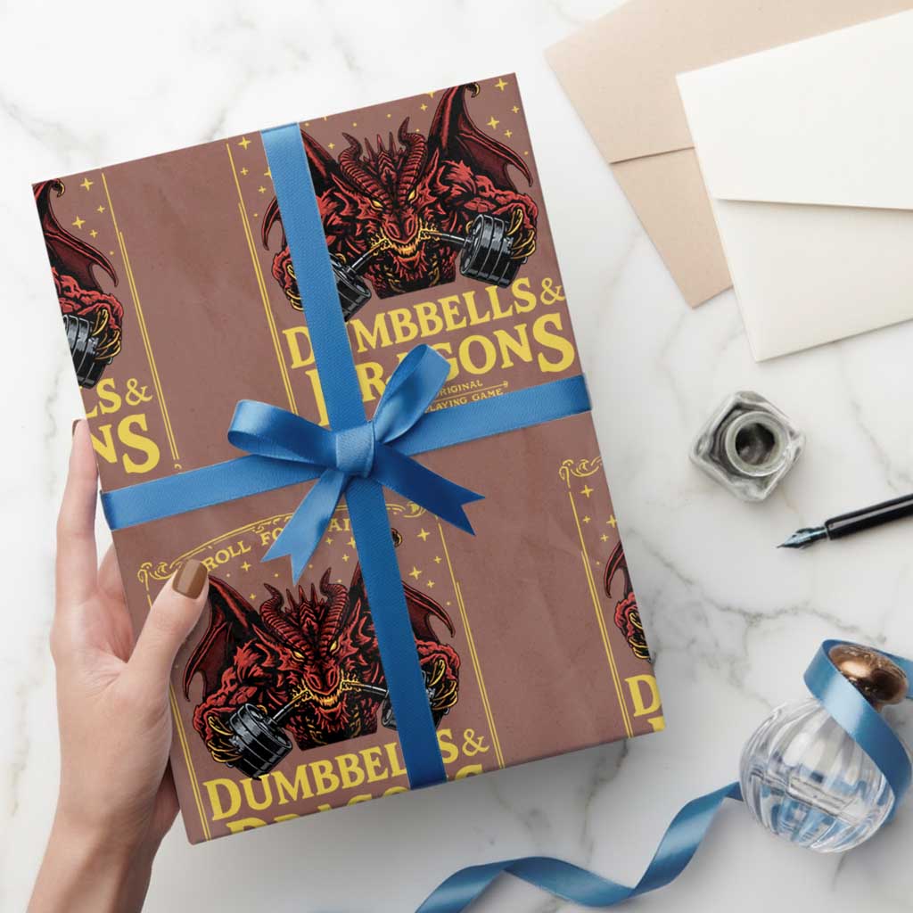Funny RPG Weightlifting Workout Gym Wrapping Paper Roll Dumbbells And Dragons The Original Swoleplaying Game TS11 Mocha Print Your Wear
