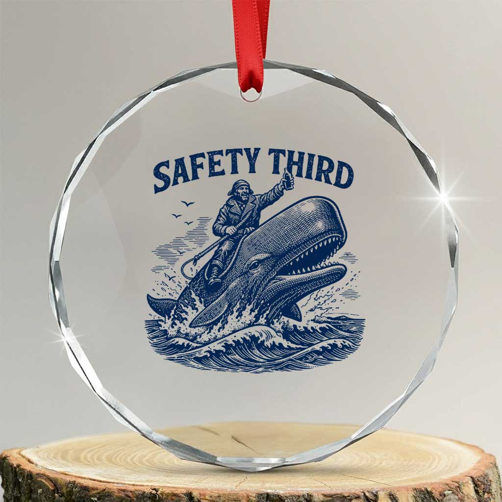 Funny Safety Third Captain Riding Sperm Whale Crystal Glass Ornament Vintage Nautical Ocean Fishing Humor TS02 Transparent Glass 3'' Circle Print Your Wear