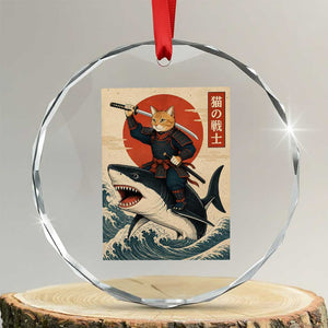 Funny Samurai Cat Riding Shark Crystal Glass Ornament Vintage Japanese Ukiyoe
