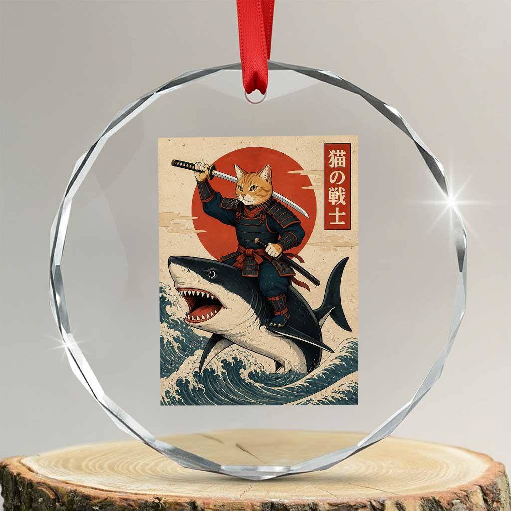 Funny Samurai Cat Riding Shark Crystal Glass Ornament Vintage Japanese Ukiyoe TS12 Transparent Glass 3'' Circle Print Your Wear