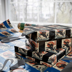 Funny Samurai Cat Riding Shark Wrapping Paper Roll Vintage Japanese Ukiyoe