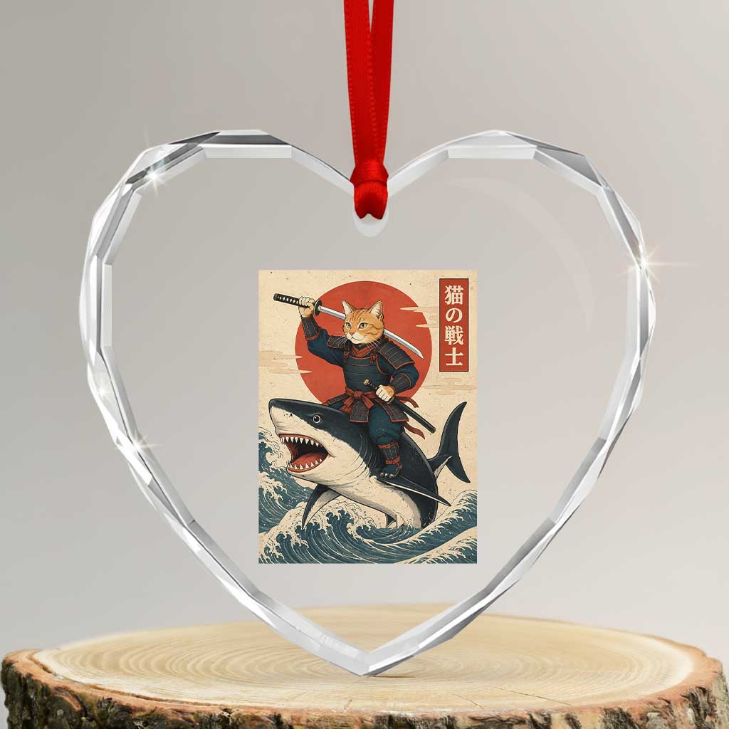 Funny Samurai Cat Riding Shark Heart Crystal Glass Ornament Vintage Japanese Ukiyoe TS12 Transparent Glass 3'' Heart Print Your Wear