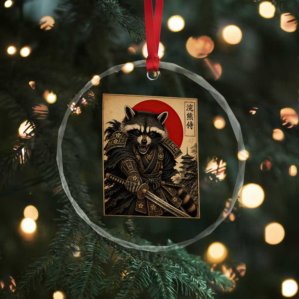 Funny Samurai Raccoon Crystal Glass Ornament Vintage Japanese Ukiyoe Warrior Graphic