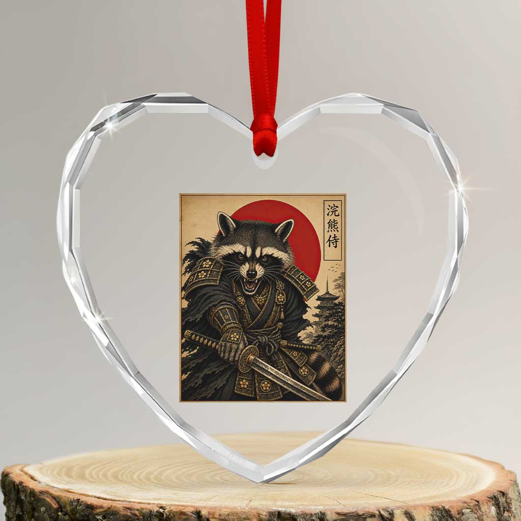 Funny Samurai Raccoon Heart Crystal Glass Ornament Vintage Japanese Ukiyoe Warrior Graphic TS12 Transparent Glass 3'' Heart Print Your Wear