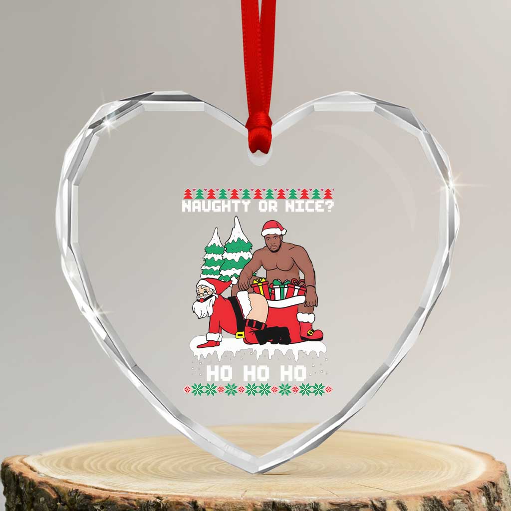 Funny Santa and Diddy Christmas Heart Crystal Glass Ornament Naughty or Nice Ho Ho Ho Adult Humor Holiday TS02 Transparent Glass 3'' Heart Print Your Wear