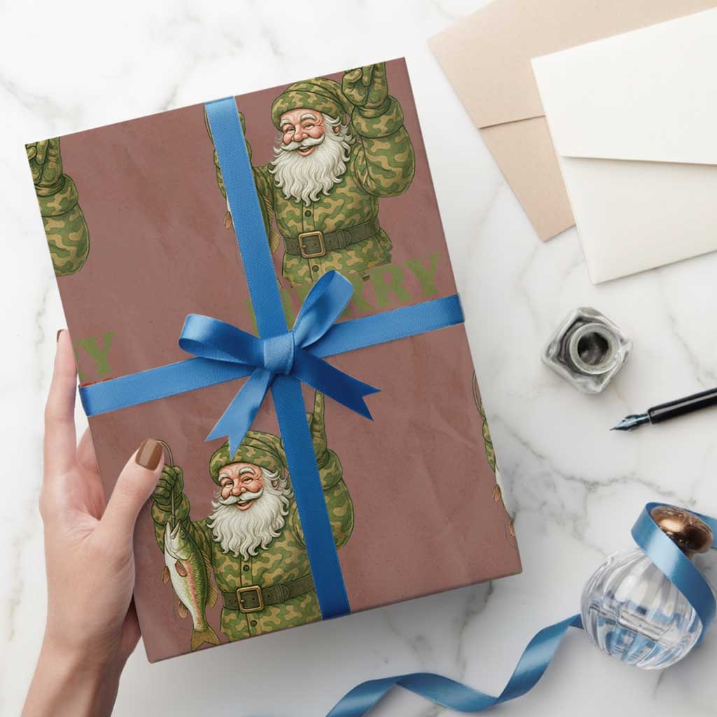 Funny Santa Camo Fishing Wrapping Paper Roll Merry Chrisbass TS14 Mocha Print Your Wear